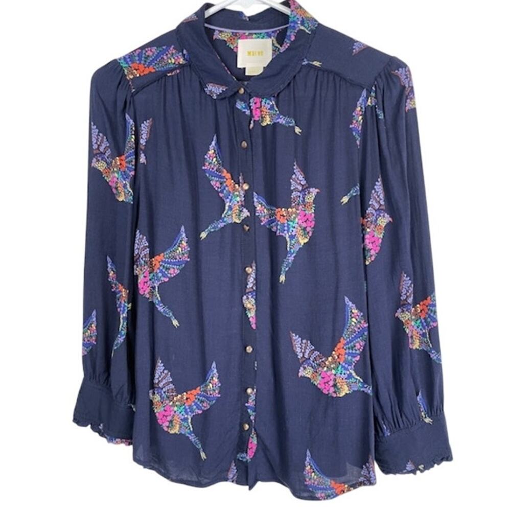 Maeve from Anthropologie "Alden" bird print button-down.